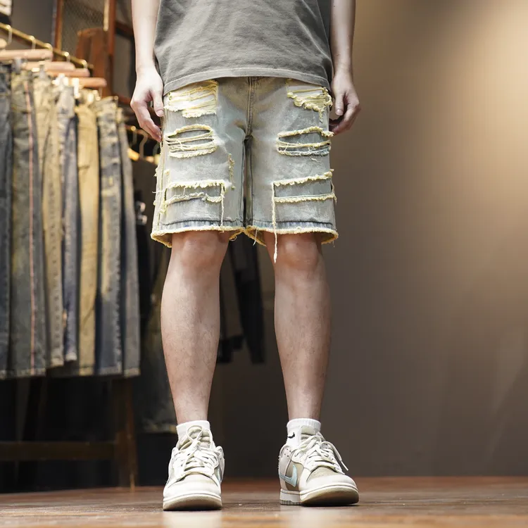 8628休闲潮流高街流行中腰破洞男装牛仔短裤