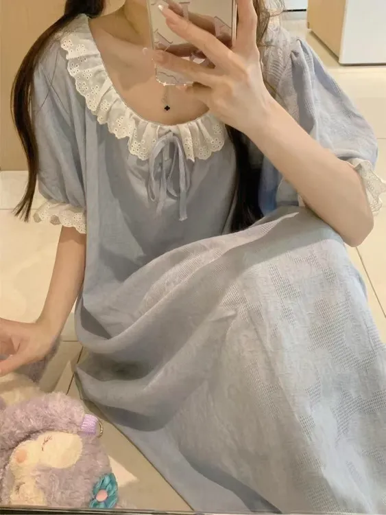 韩版甜美睡裙女花边圆领夏季宿舍可爱短袖长裙睡衣可外穿家居服