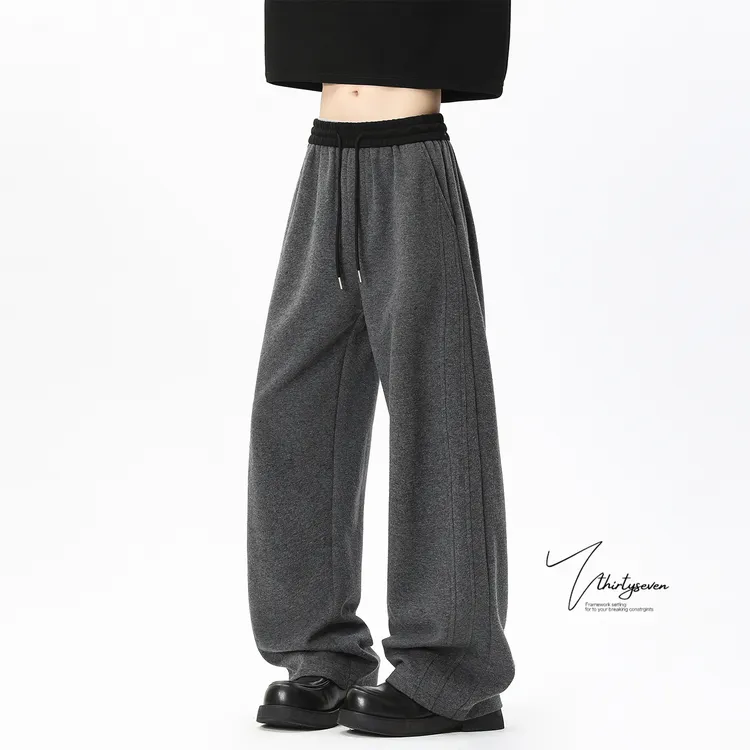 V37潮牌复古青少年运动休闲卫裤男冬季美式腰头拼接加绒加厚裤子