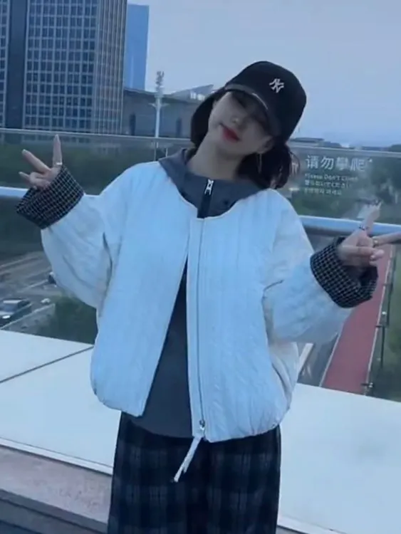 2025秋季新款韩版圆领长袖棉服外套女宽松百搭薄款棉衣夹克上衣潮
