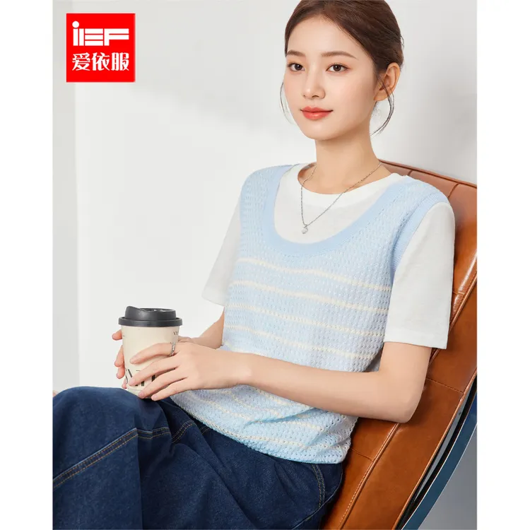 IEF/爱依服2025夏秋新款韩版假两件设计通勤百搭文艺风毛织上衣