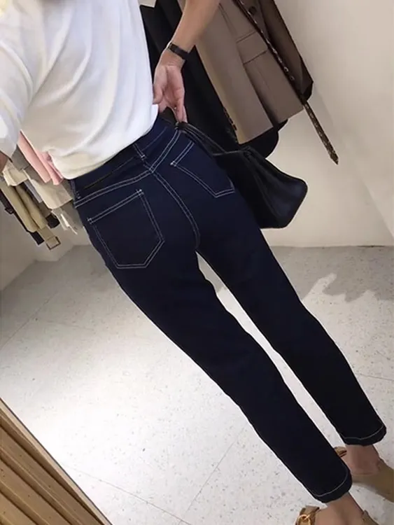 防褪色！深蓝色修身牛仔裤女复古高腰直筒烟管裤高腰显瘦九分裤子
