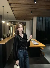 【芝士Cheese】黑蝶梦露 长袖时尚休闲百搭女士黑色圆领气质上衣