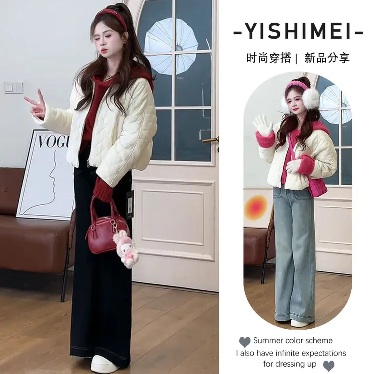 【现货】2025小香风穿搭一整套新款针织毛衣保暖棉服牛仔裤三件套