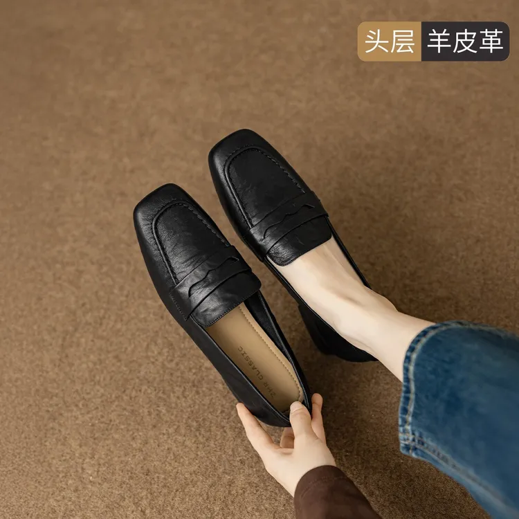 ZHR/则则羊皮一脚蹬乐福鞋女2025秋软底英伦风小皮鞋方头粗跟单鞋