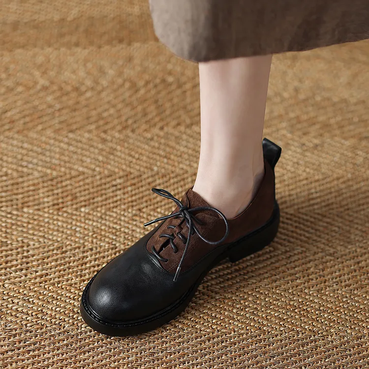 3.5cm粗跟低跟舒适软底学院风小皮鞋女系带英伦风乐福鞋真皮单鞋