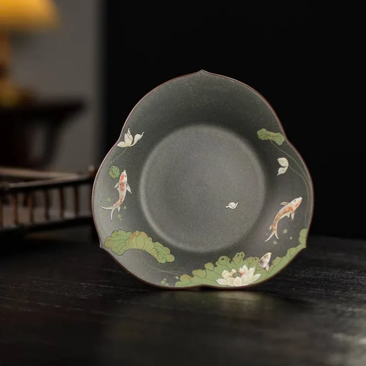 宜兴紫砂壶承荷塘清趣手工泥绘双色粉浆茶盘干泡台功夫茶具