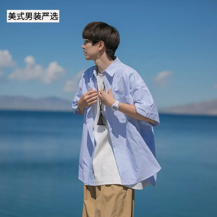条纹短袖衬衫男夏季新款潮牌宽松翻领衬衣美式百搭高级感休闲外套