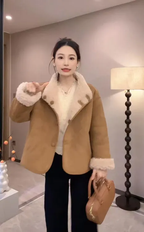 秋冬双面穿皮毛一体毛毛短款外套女上衣立领