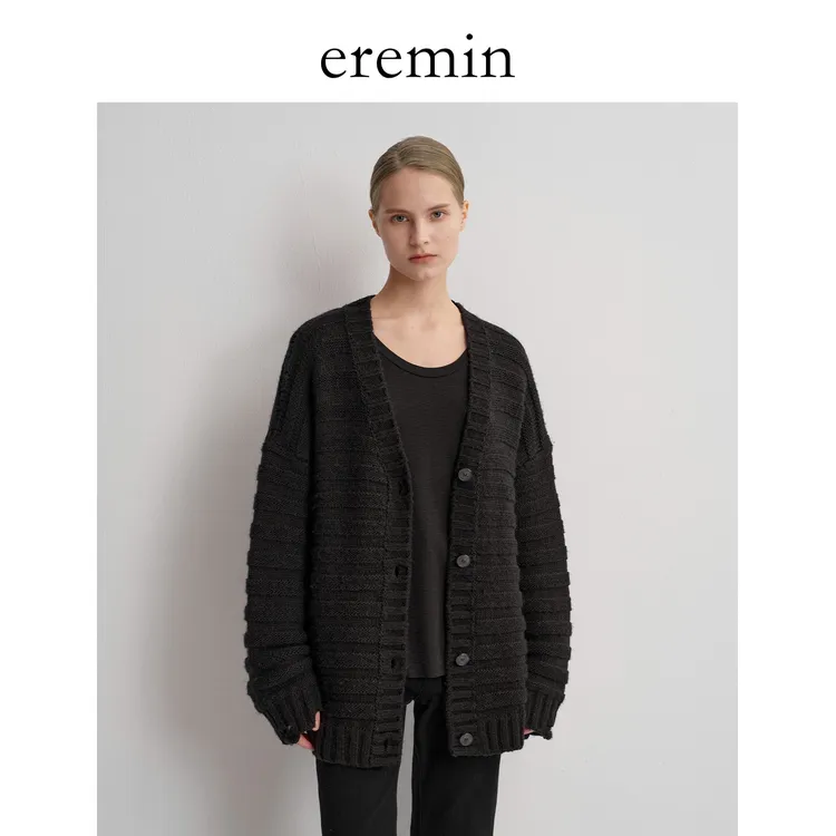 DE Mincollection横条毛衣/立体编织羊毛混纺慵懒风V领开衫56023