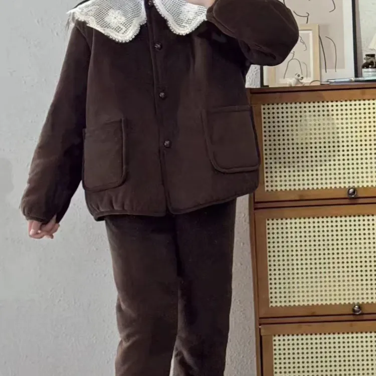 冬季新款三层加厚加绒花边可外穿珊瑚绒女士睡衣家居服