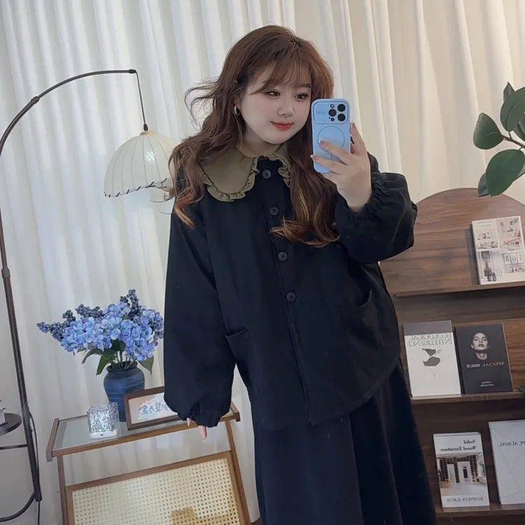 韩系木耳边娃娃领棉服休闲外套胖mm显瘦2025秋季新款宽松大码女装