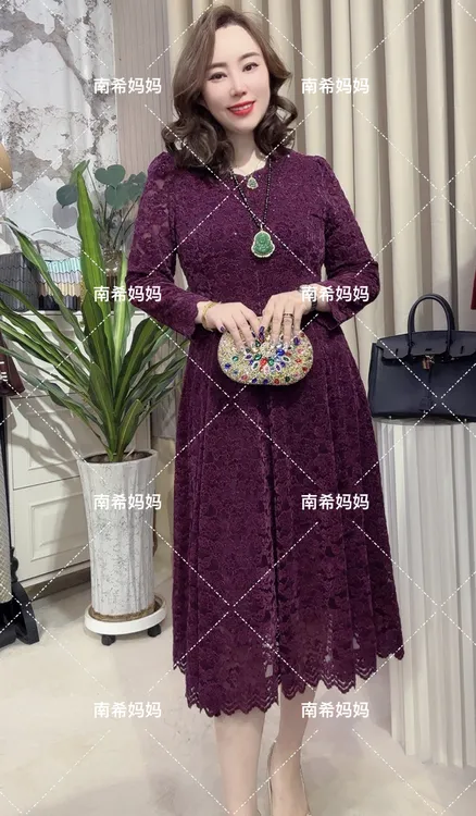 秋季新款丝绒提花V领烫钻大摆优雅妈妈装1836连衣裙