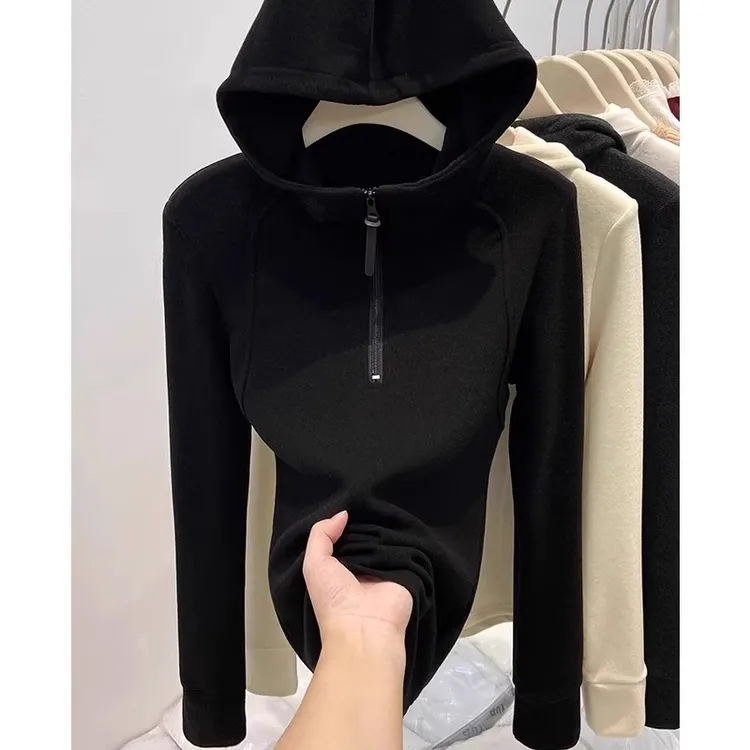 德丽妮黑色半拉链双面德绒连帽卫衣女2025春秋新款长袖加绒上衣服