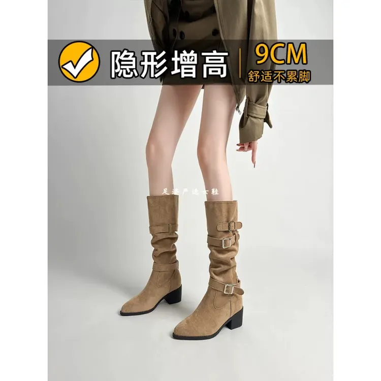 复古皮带扣内增高长筒靴女2025秋冬新款显瘦尖头增高骑士靴堆堆靴