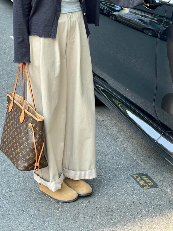 慵懒休闲风遮跨显瘦阔腿裤女春夏新款小众设计感条纹翻边直筒裤