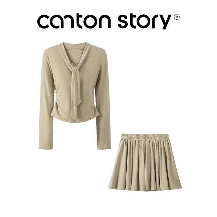 羊城故事 修身长袖t恤套装女2025新款a字半身裙两件套 Y50853040