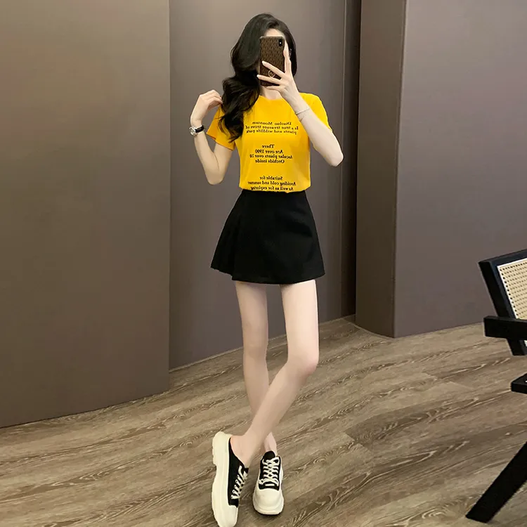美式复古正肩短袖t恤女夏季辣妹上衣西装短裤裙薄a字高腰阔腿裙裤