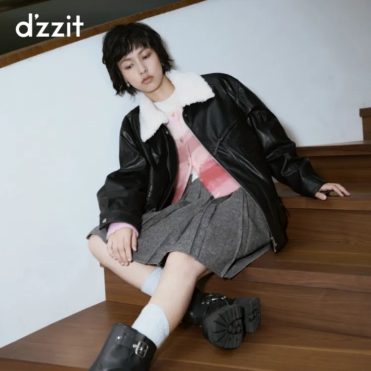 dzzit地素棉服冬新款古着感环保皮可拆毛领廓形外套女3I4H306