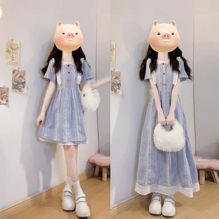 大码【椰云奶霜】夏新款法式蓝色格子娃娃领连衣裙短款半裙洋气穿搭