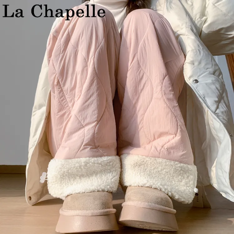 粉色摇粒绒棉裤女秋冬2026新款休闲保暖裤加绒裤子拼接毛绒阔腿裤