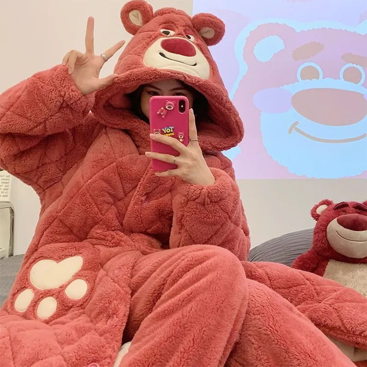 冬季加厚加绒三层夹棉保暖睡袍睡裤套装可爱卡通树莓熊连帽家居服