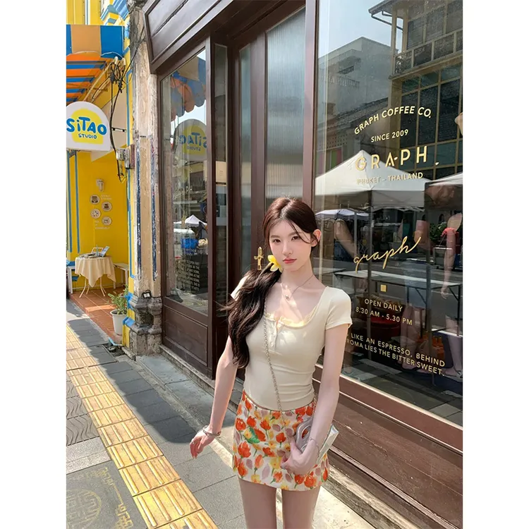 2025夏季新款纯欲甜美风蕾丝花边修身短袖上衣女配高腰显瘦半身裙