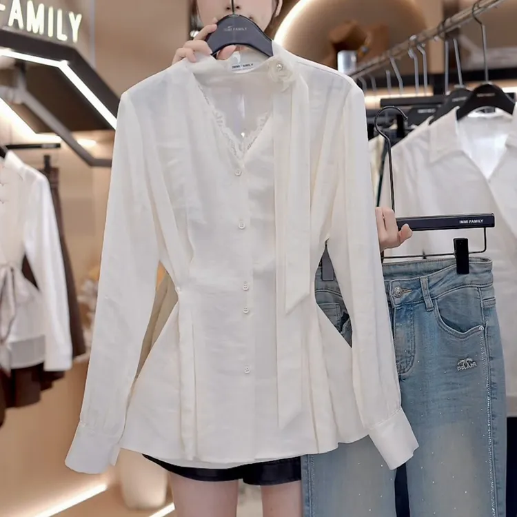 早秋女法式飘带领白色衬衫高级感减龄洋气收腰显瘦蕾丝衬衣上衣