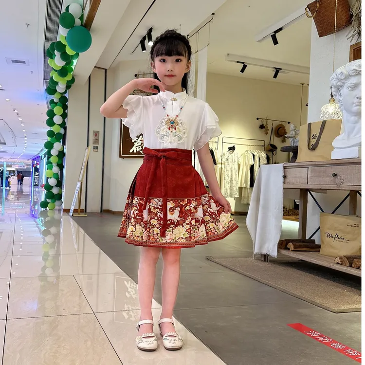 红色夏季女孩汉服改良新款古风高端超仙套装女童中国风马面裙绣花