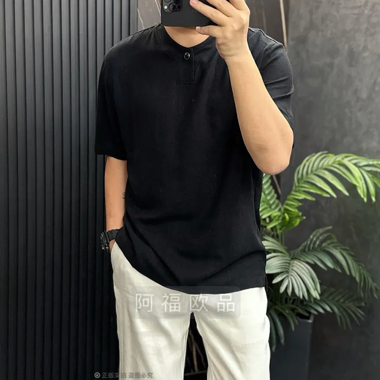 【阿福欧品】男士夏季黑色高级感男装轻奢痞帅男装圆领亚麻短袖T恤