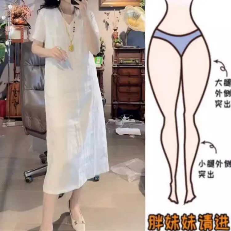 欧货大码短袖苎麻连衣裙女夏2025薄款棉麻衬衫裙休闲直筒开叉长裙