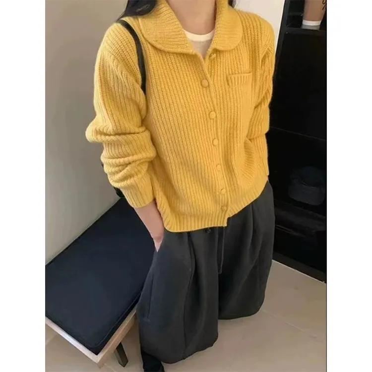 大码胖MM韩系减龄翻领针织开衫女秋冬新款气质百搭温柔风软糯上衣