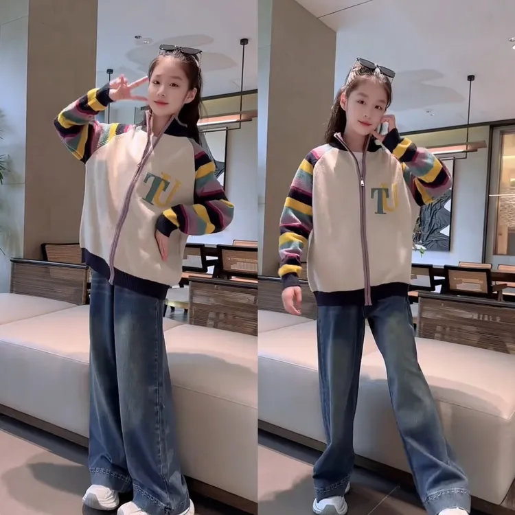 女童洋气开衫毛衣套装2025新款针织衫外套中大童韩版春秋季两件套