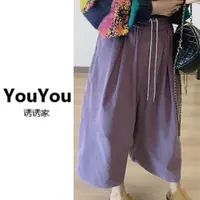 韩系复古灯芯绒九分裤女秋季新款高腰抽绳显瘦休闲阔腿裤