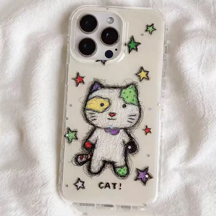 IMD线条小怪猫适用iPhone15/16华为小米OPPOVIVO荣耀手机壳大孔