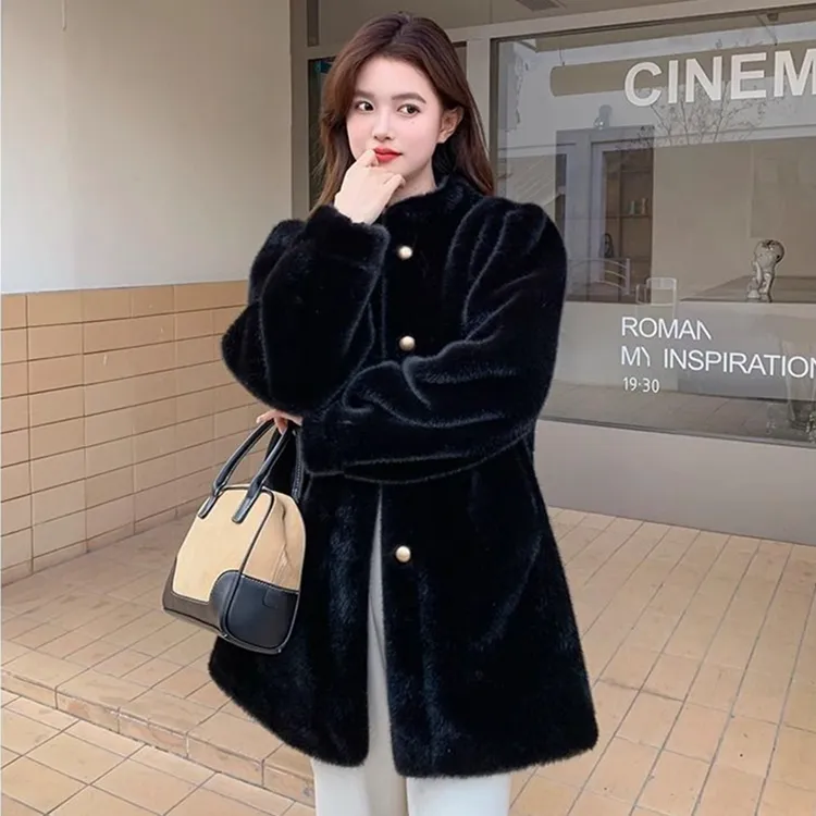 米兰貂中长款立领貂绒加厚皮毛一体女新款百搭保暖修身仿皮草外套