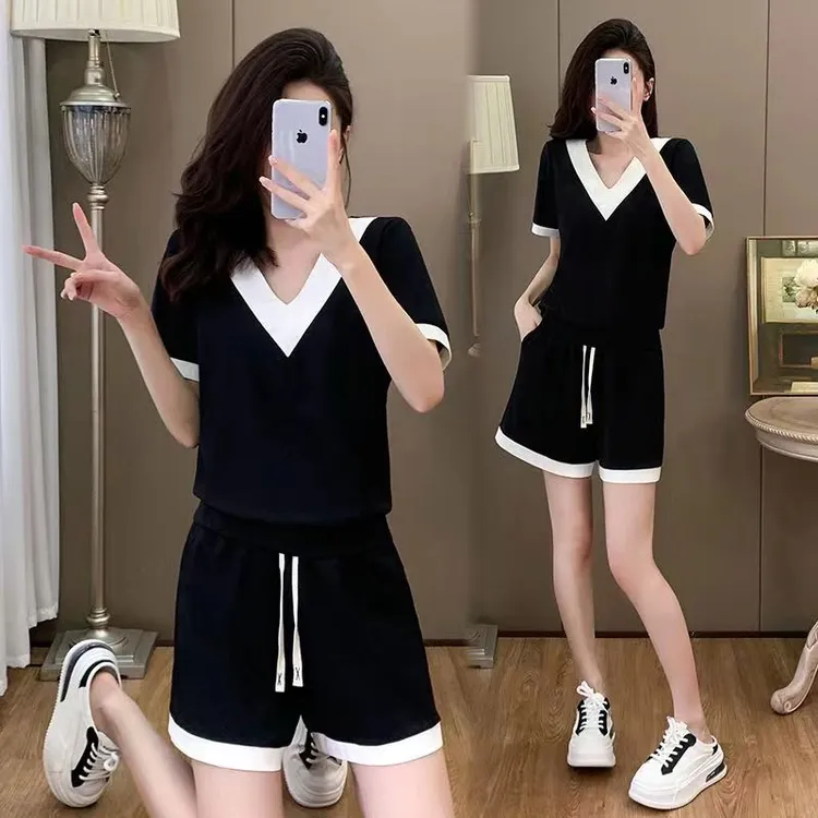 【上衣+裤子一整套】2025新款夏季纯棉短袖短裤休闲洋气运动两件套