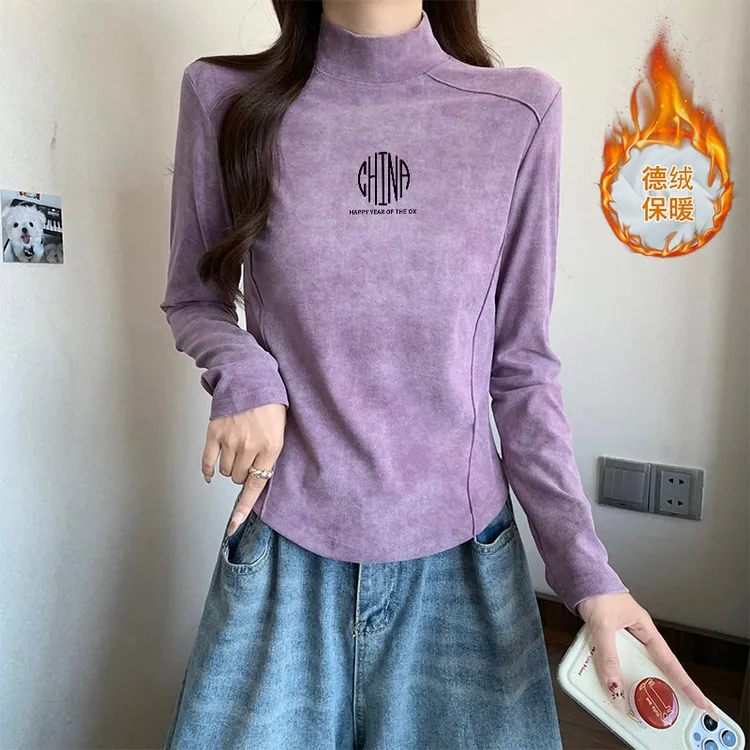 紫色扎染半高领磨毛德绒打底衫女2026新款秋冬修身保暖内搭厚T恤