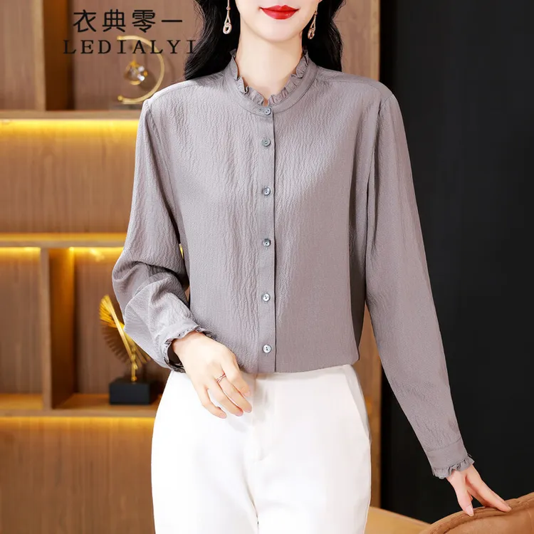 杭州时尚品牌泡泡绉真丝衬衫女长袖2025秋新款100桑蚕丝纯色上衣