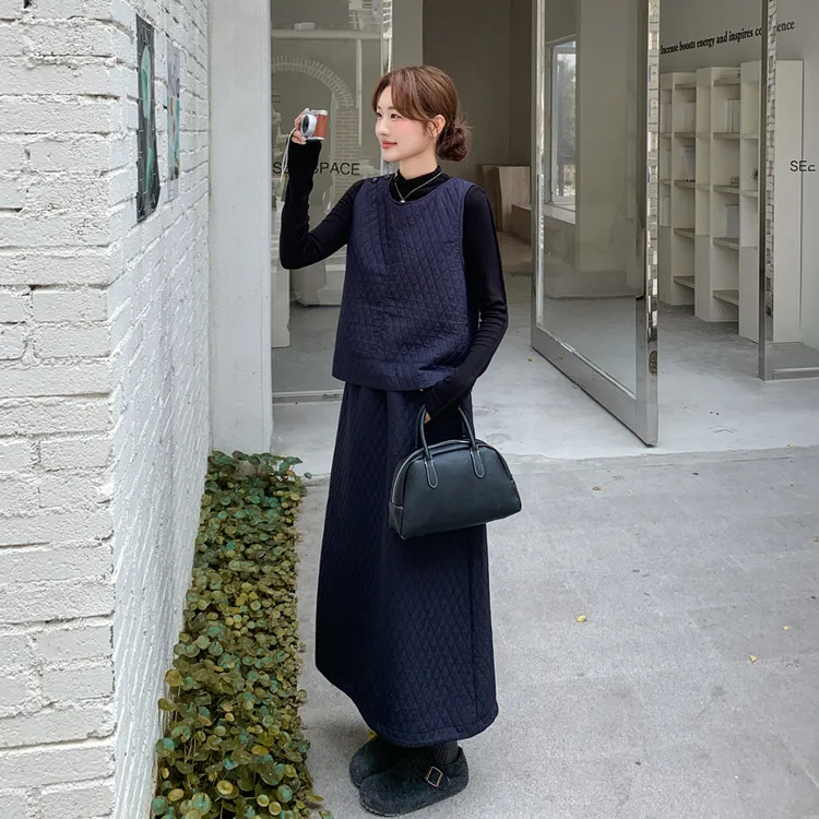 肌理感菱格夹棉背心马甲套装女秋冬2025今年流行一整套穿搭三件套