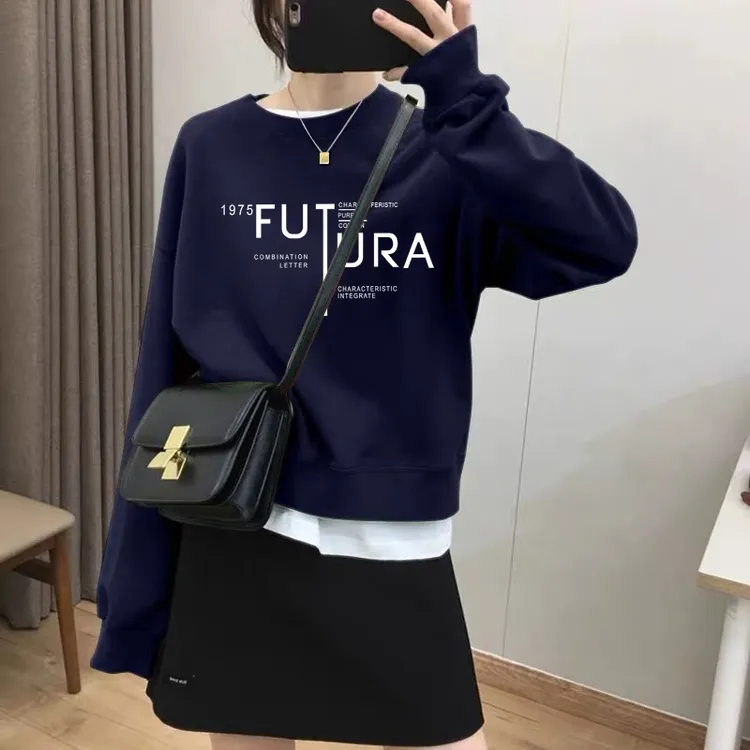 假两件圆领套头短款卫衣女加绒加厚秋冬上衣宽松小个子春秋薄款