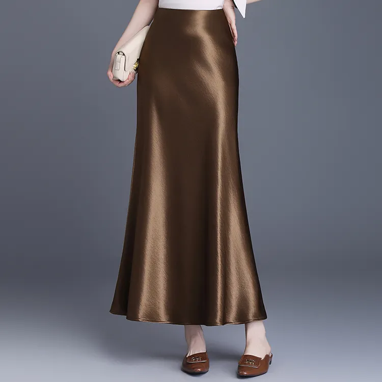 百褶缎面鱼尾长裙包臀裙女2025春秋新款高腰垂坠感显瘦醋酸半身裙