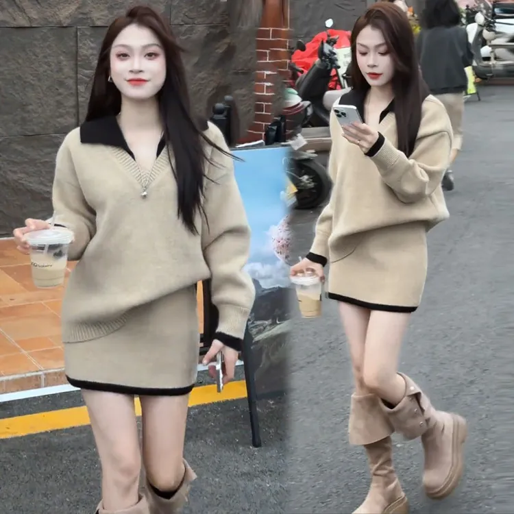 毛衣针织套装裙女2025秋冬新款洋气小个子翻领上衣半身裙两件套裙