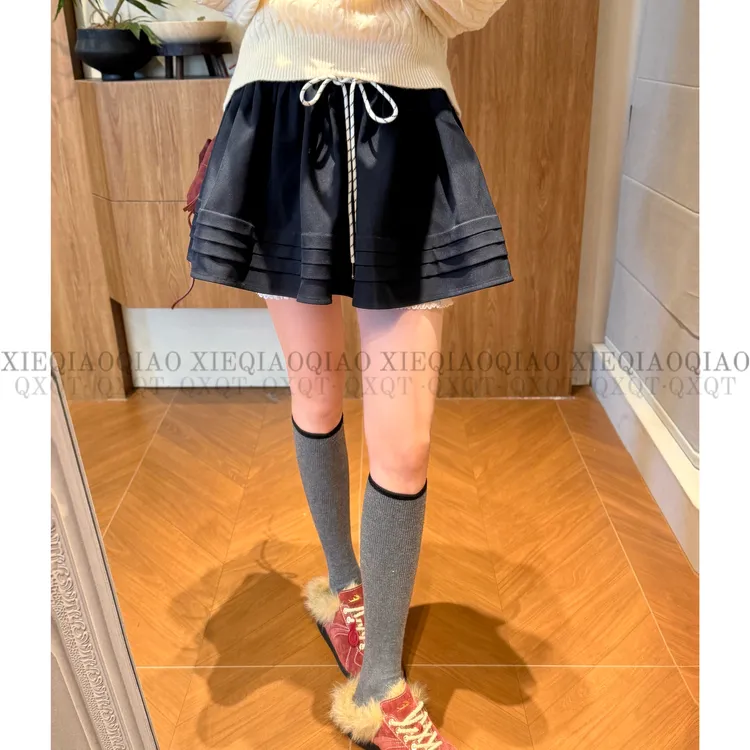 谢荞荞「青禾天菜」秋冬细闪撞色抽绳松紧腰丝绒裤里衬A字半身裙