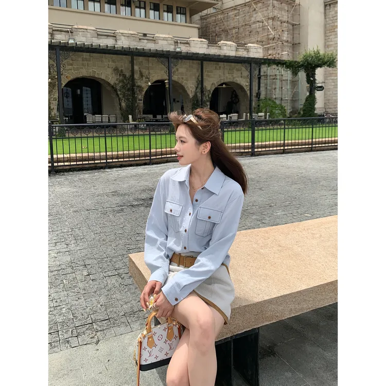 切糕自制【浅蓝日记】小个子秋季流光风老钱慵懒百搭通勤长袖衬衫