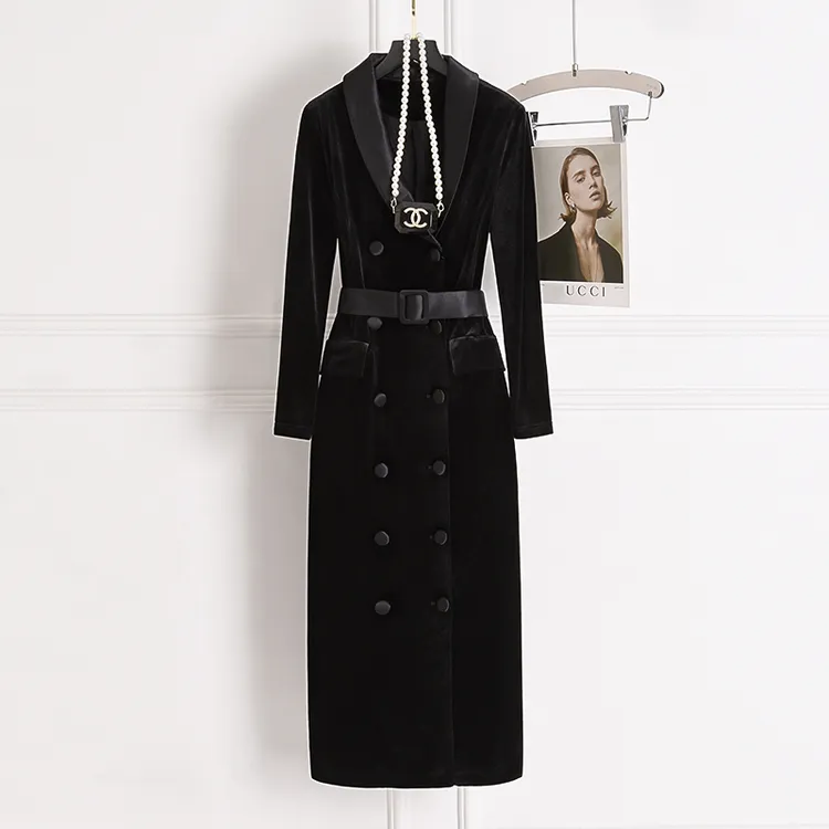 法式高档金丝绒风衣外套女春秋冬复古气质黑色显瘦中长风衣连衣裙