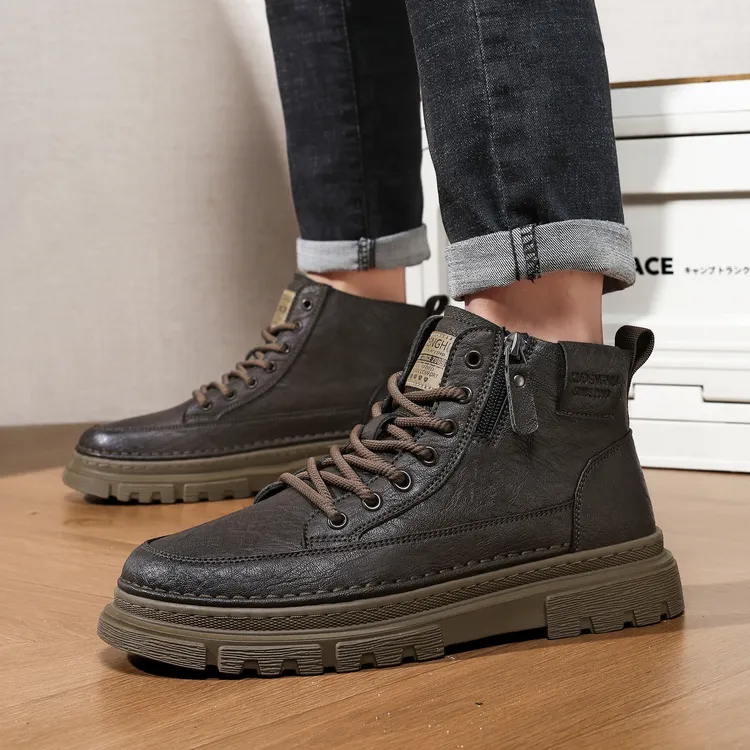 2025时尚休闲耐磨厚款高帮防滑马丁靴加绒英伦风工装靴男士百搭