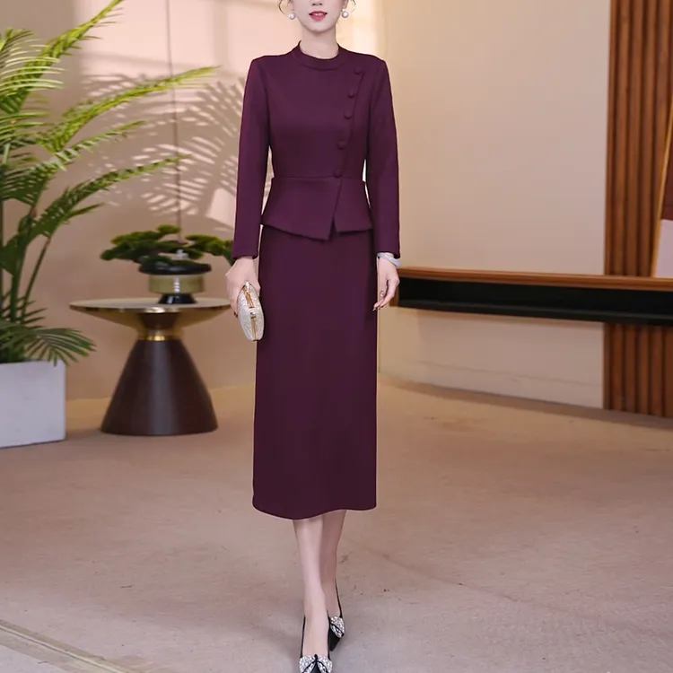 冬季羊毛裙玛莎紫立领显瘦假两件连衣裙长裙优雅气质收腰25160