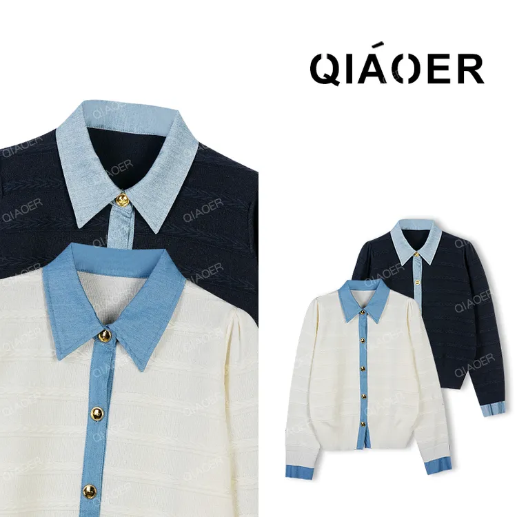 乔儿定制【时髦日记】绵羊毛绞花拼接时尚百搭针织开衫女假两件上衣