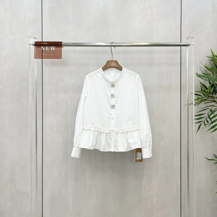 欧洲站韩系甜美温柔风木耳花边长袖衬衫女气质法式打底衬衣88650
